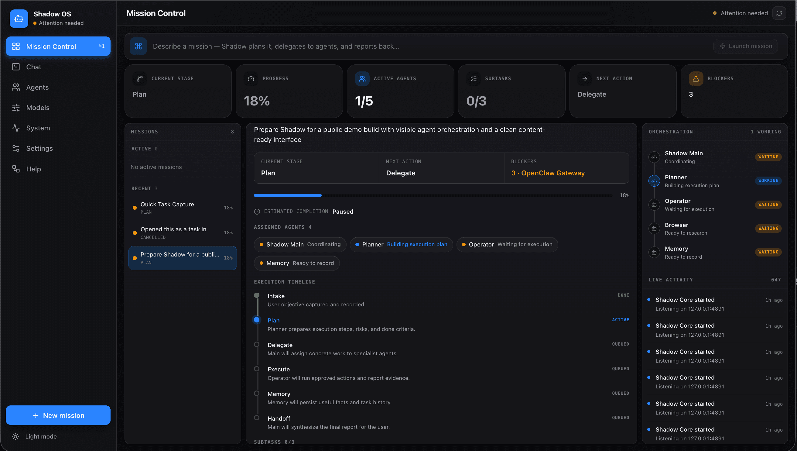 Shadow OS Mission Control showing missions, progress, active agents, subtasks, orchestration and live activity.